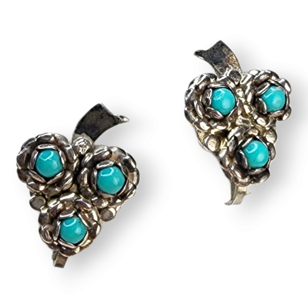Vintage Screwback Earrings Sterling Silver 925 OS Turquoise Flower Leaf Blue - Picture 2 of 6